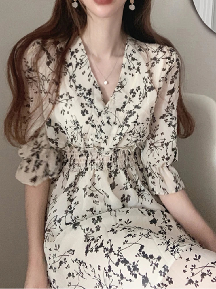 Vintage Korea Fashion Clothing Summer Slim Elastic Waist A Line V Neck Elegant Office Lady Floral Chic Chiffon Long Dress Retro