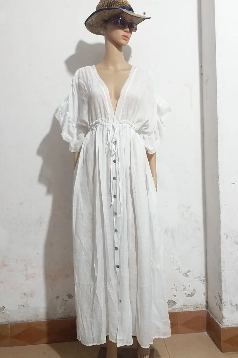 Long Dress Sunscreen Beach V Neck Button Waist Ties