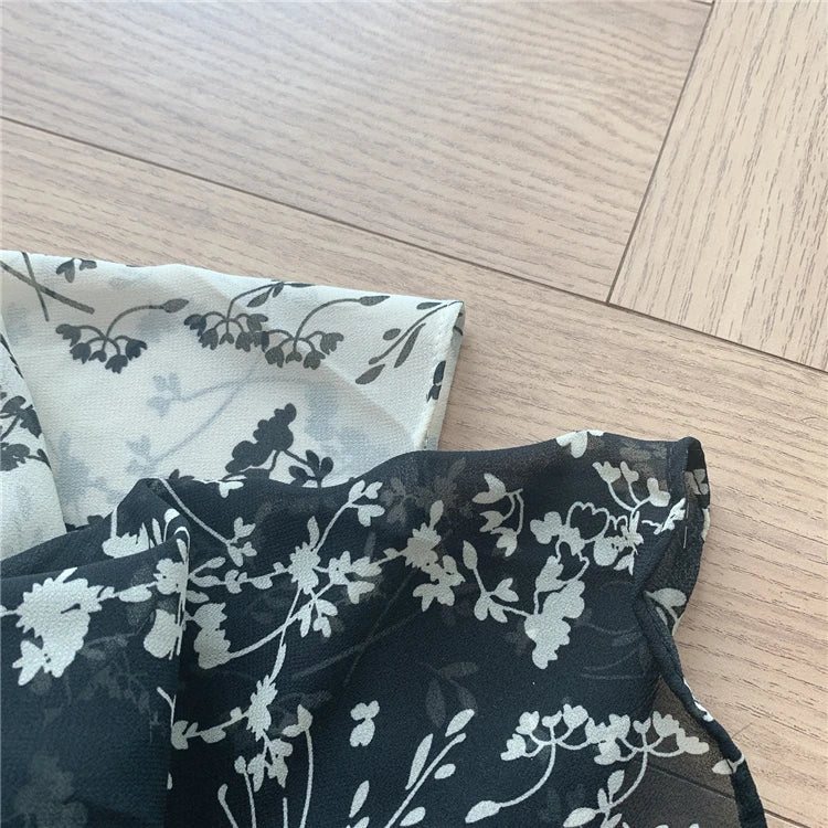 Vintage Korea Fashion Clothing Summer Slim Elastic Waist A Line V Neck Elegant Office Lady Floral Chic Chiffon Long Dress Retro