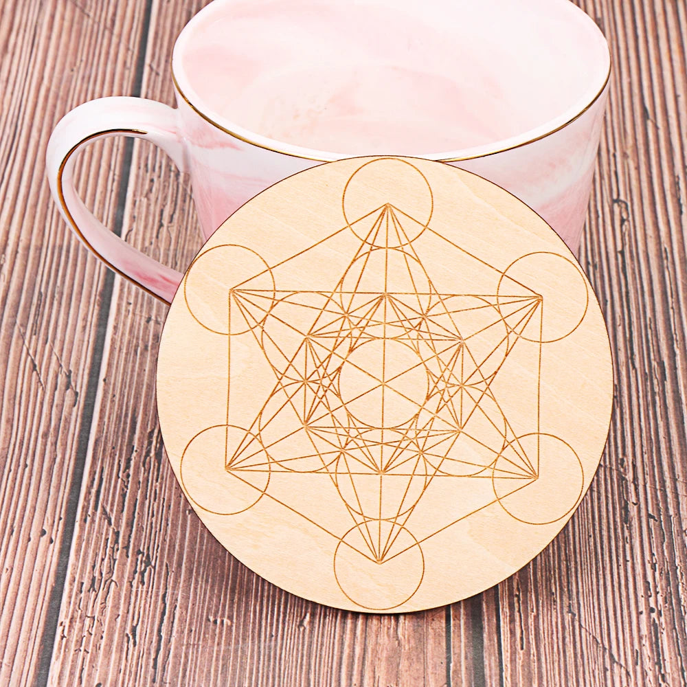 10PCS Round Edge Circles Carved Coaster Natural Chakra Flower of Life Symbol Wood For Stone Crystal Set Table Mat Kitchen DIY