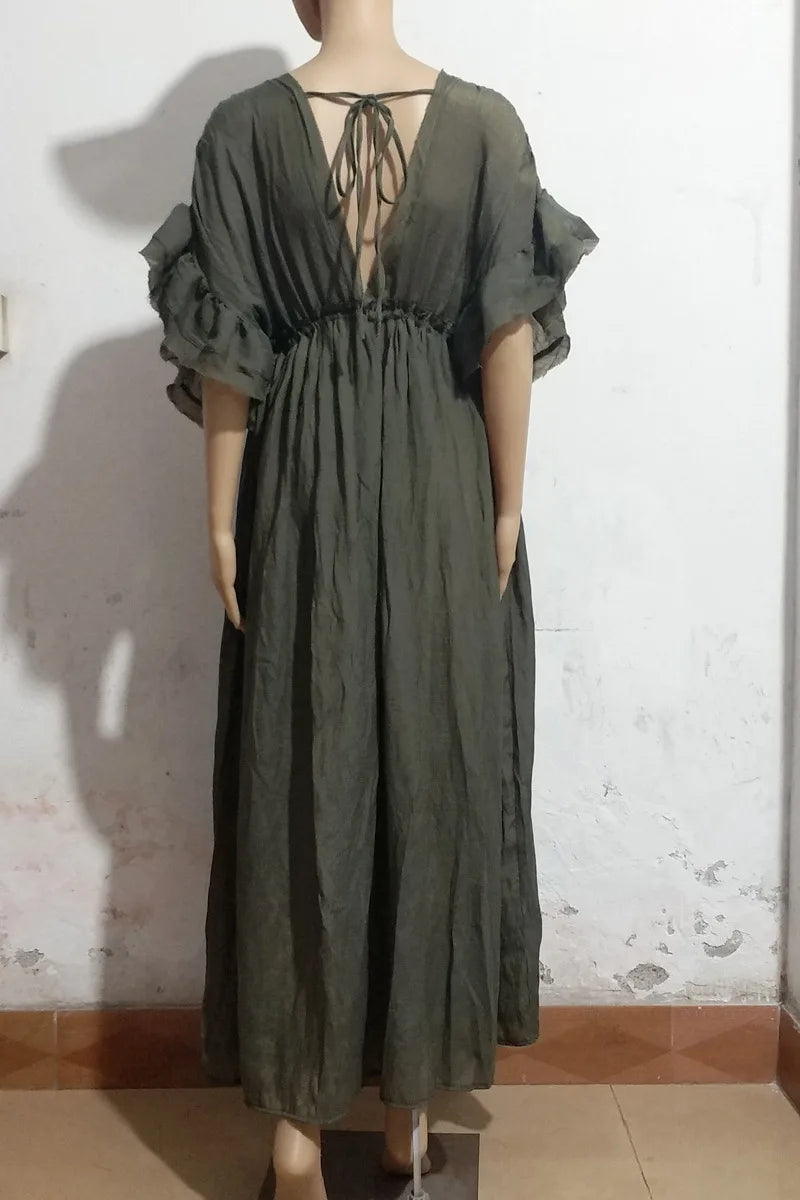 Long Dress Sunscreen Beach V Neck Button Waist Ties