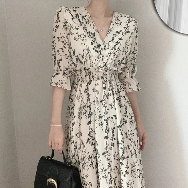 Vintage Korea Fashion Clothing Summer Slim Elastic Waist A Line V Neck Elegant Office Lady Floral Chic Chiffon Long Dress Retro