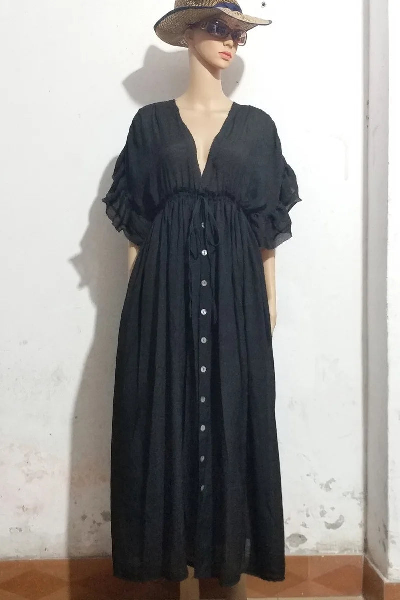 Long Dress Sunscreen Beach V Neck Button Waist Ties