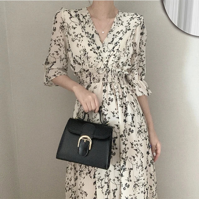Vintage Korea Fashion Clothing Summer Slim Elastic Waist A Line V Neck Elegant Office Lady Floral Chic Chiffon Long Dress Retro