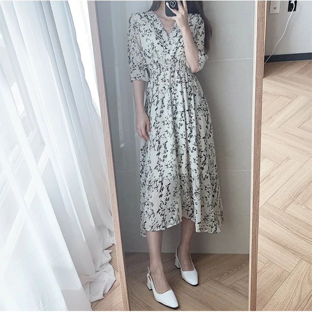 Vintage Korea Fashion Clothing Summer Slim Elastic Waist A Line V Neck Elegant Office Lady Floral Chic Chiffon Long Dress Retro