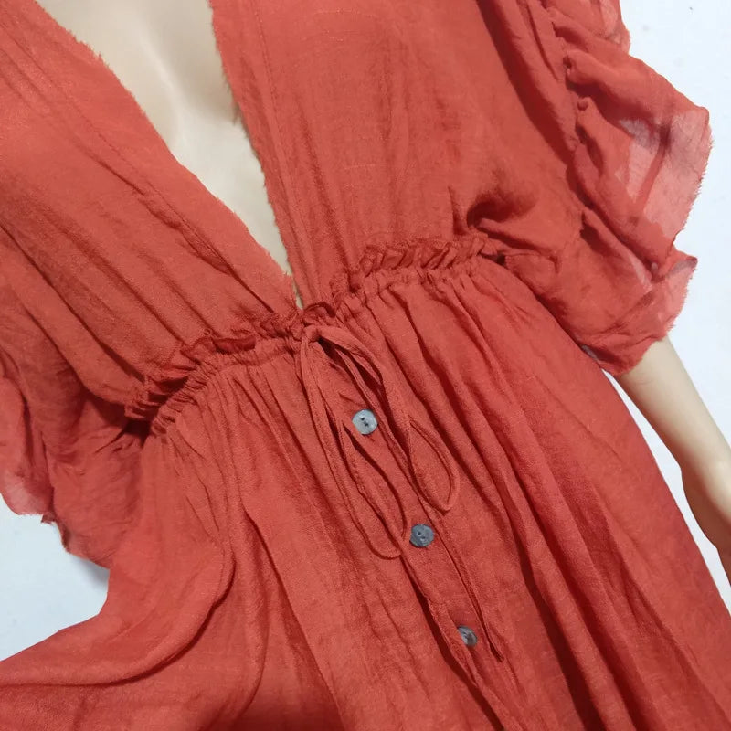 Long Dress Sunscreen Beach V Neck Button Waist Ties