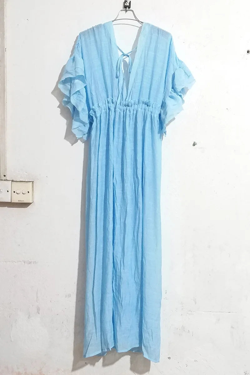 Long Dress Sunscreen Beach V Neck Button Waist Ties