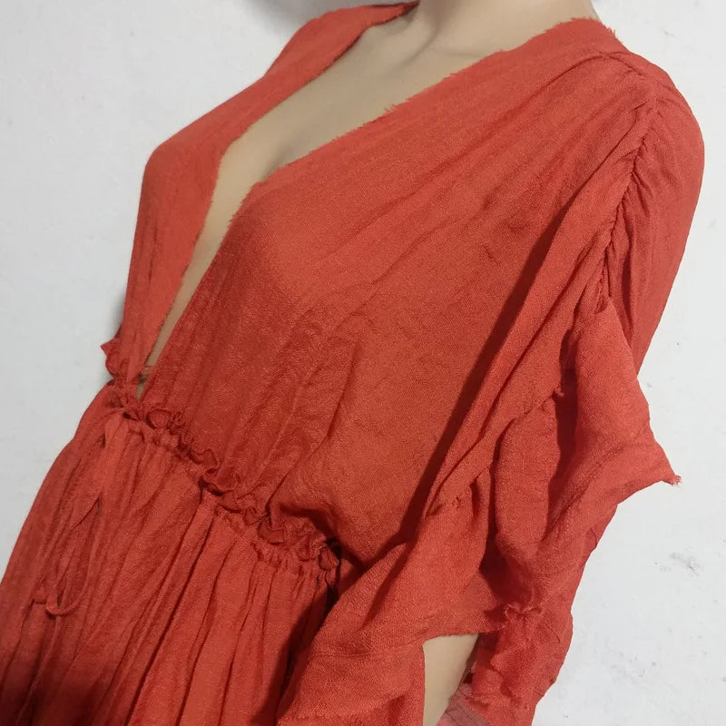 Long Dress Sunscreen Beach V Neck Button Waist Ties