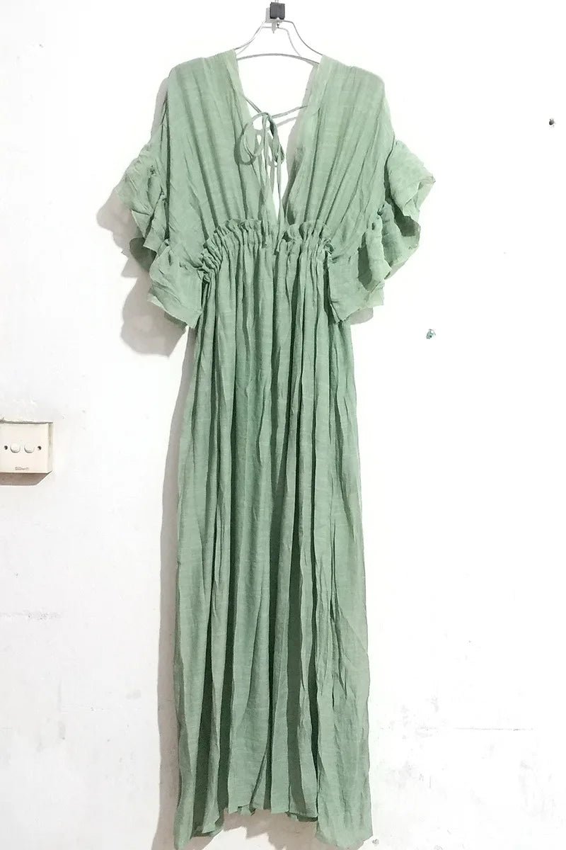 Long Dress Sunscreen Beach V Neck Button Waist Ties