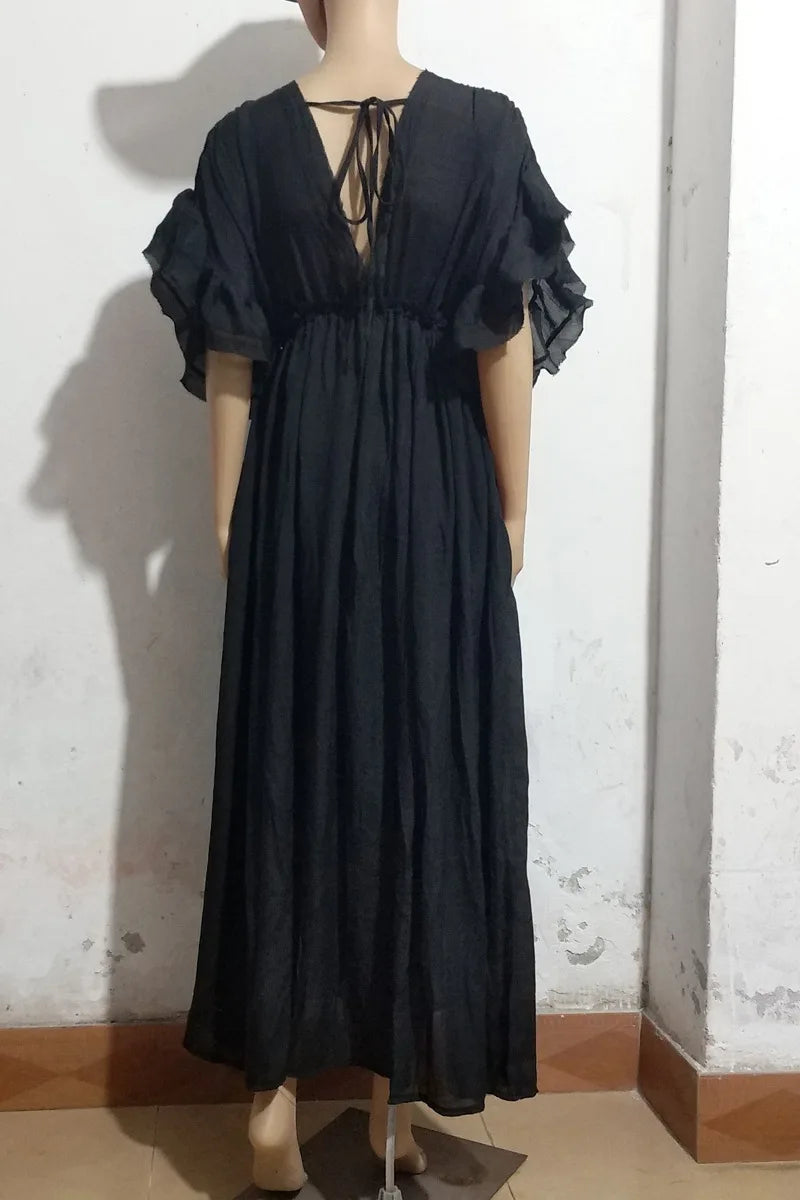 Long Dress Sunscreen Beach V Neck Button Waist Ties