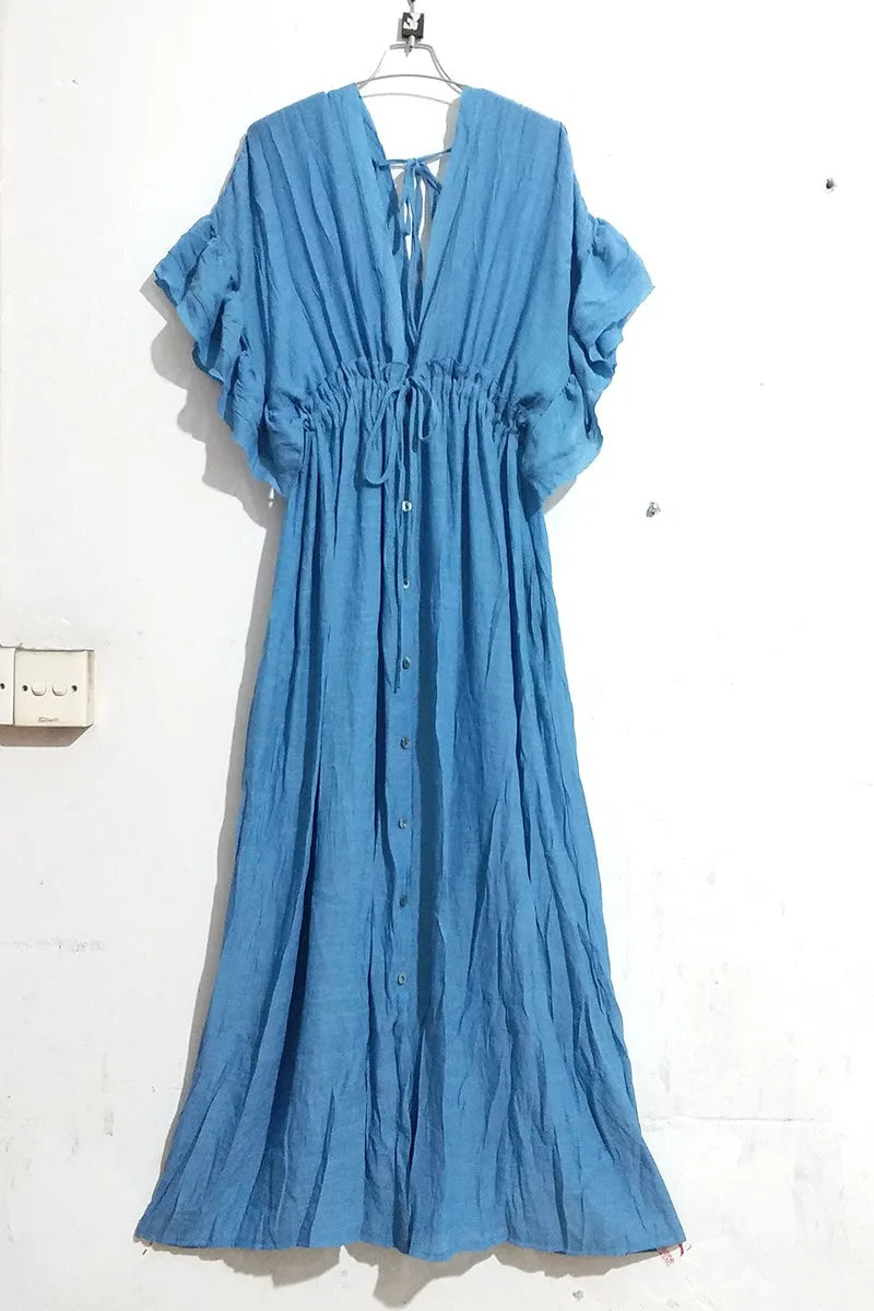 Long Dress Sunscreen Beach V Neck Button Waist Ties