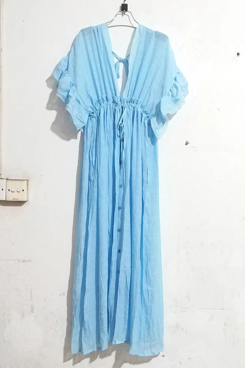 Long Dress Sunscreen Beach V Neck Button Waist Ties