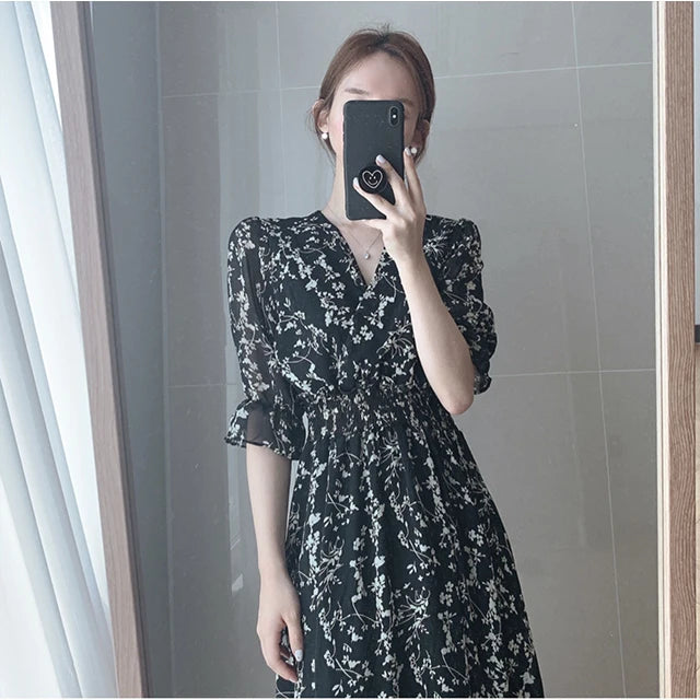 Vintage Korea Fashion Clothing Summer Slim Elastic Waist A Line V Neck Elegant Office Lady Floral Chic Chiffon Long Dress Retro
