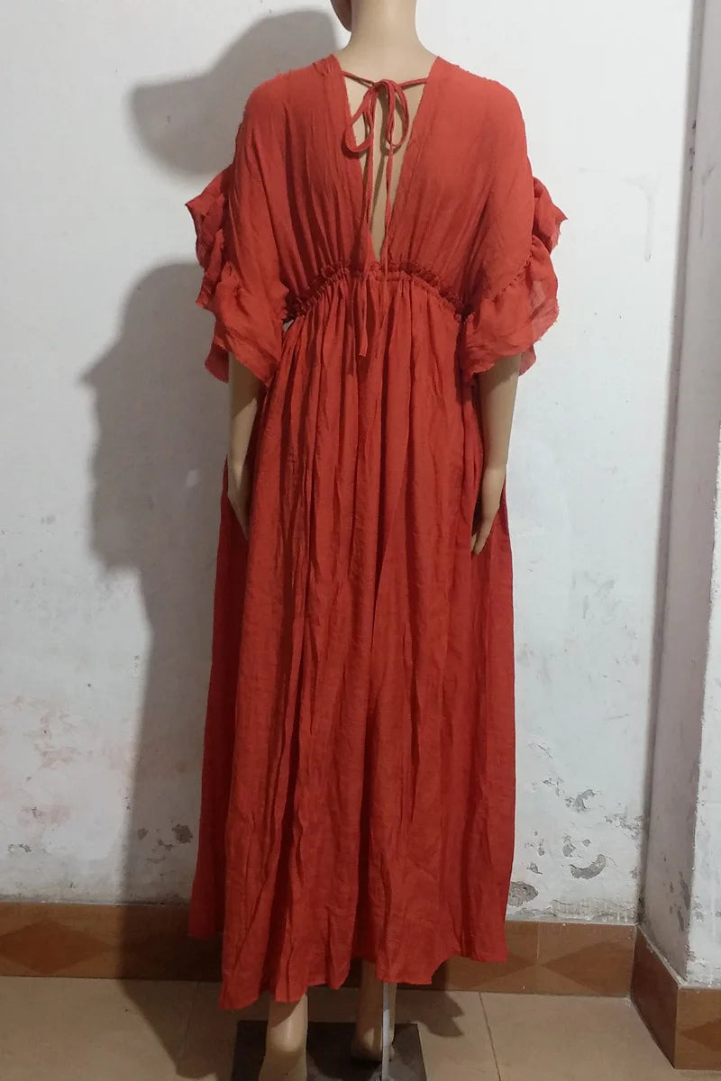 Long Dress Sunscreen Beach V Neck Button Waist Ties