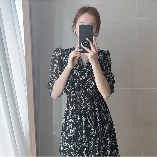 Vintage Korea Fashion Clothing Summer Slim Elastic Waist A Line V Neck Elegant Office Lady Floral Chic Chiffon Long Dress Retro