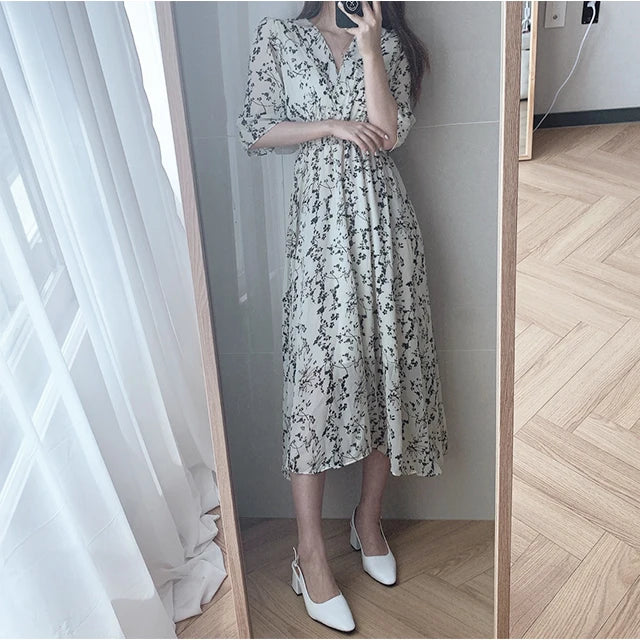 Vintage Korea Fashion Clothing Summer Slim Elastic Waist A Line V Neck Elegant Office Lady Floral Chic Chiffon Long Dress Retro