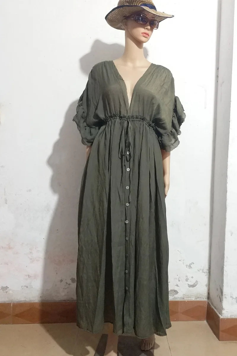 Long Dress Sunscreen Beach V Neck Button Waist Ties
