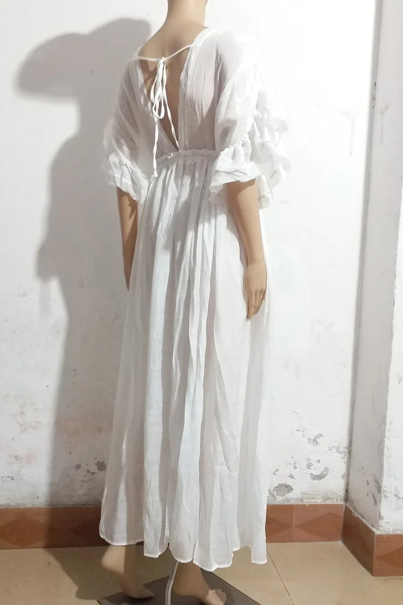 Long Dress Sunscreen Beach V Neck Button Waist Ties