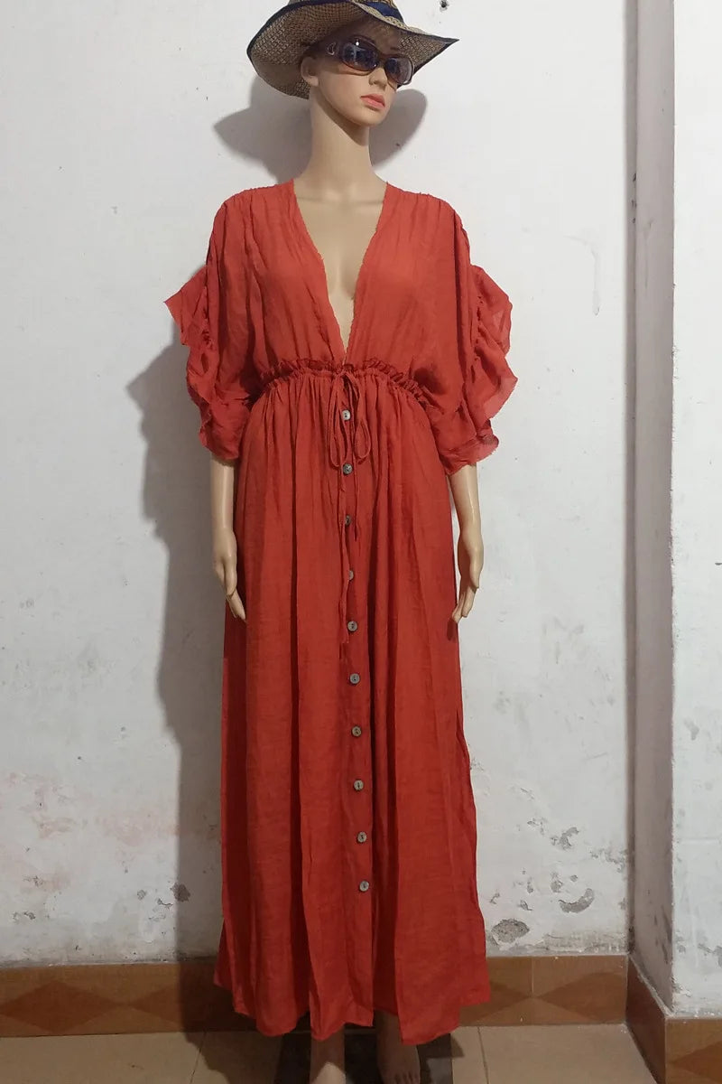 Long Dress Sunscreen Beach V Neck Button Waist Ties