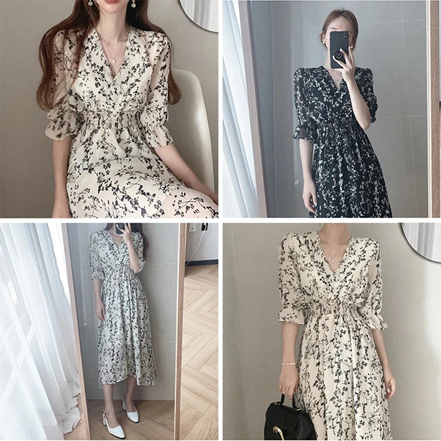 Vintage Korea Fashion Clothing Summer Slim Elastic Waist A Line V Neck Elegant Office Lady Floral Chic Chiffon Long Dress Retro