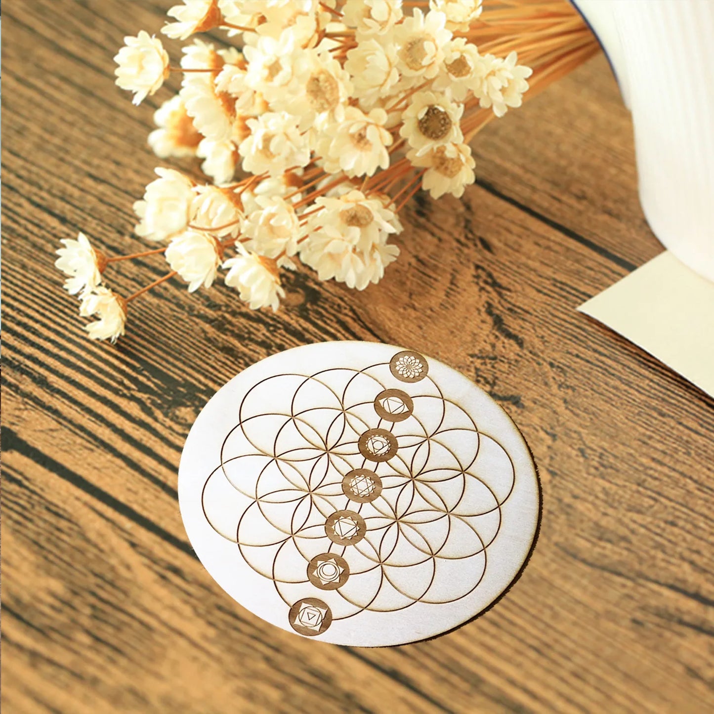 10PCS Round Edge Circles Carved Coaster Natural Chakra Flower of Life Symbol Wood For Stone Crystal Set Table Mat Kitchen DIY