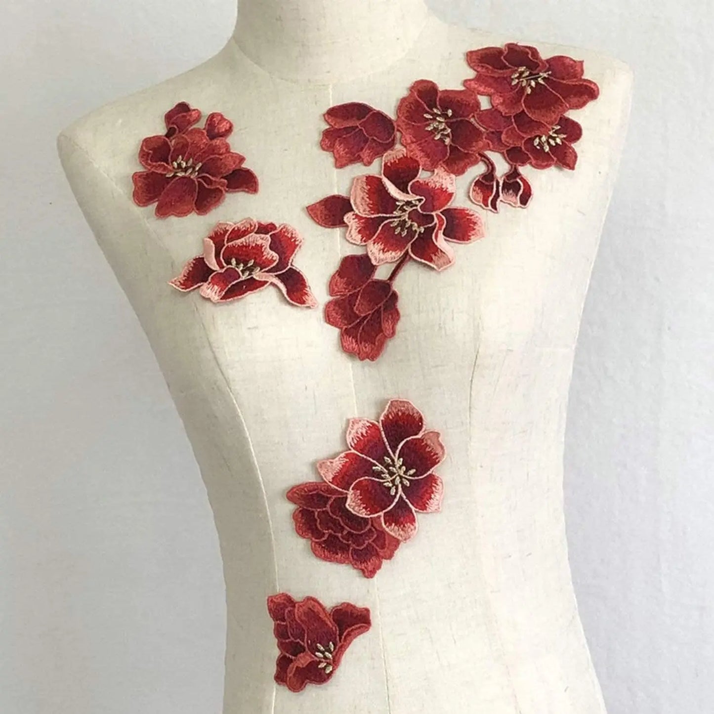 Red Plum Blossom Flower Embroidery Patches Fabric Sticker Applique Clothing Sew On Patch Craft Sewing Repair 5 Pcs
