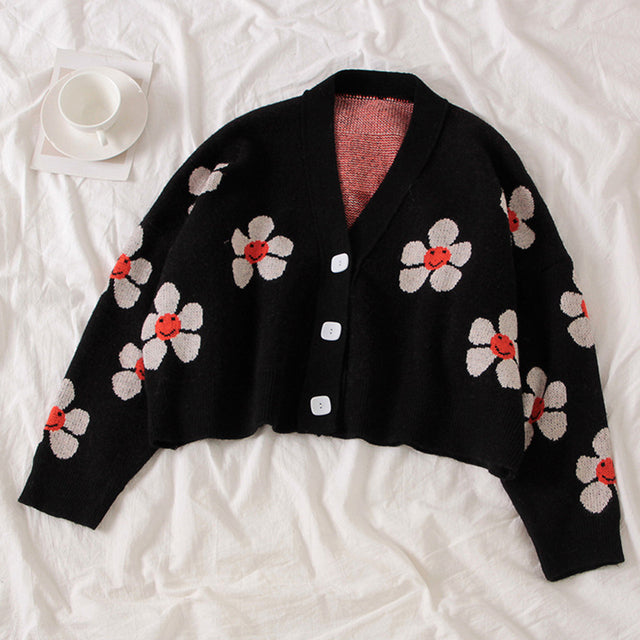 Preppy Style Flower Knitted Cardigans Sweater Women Cropped