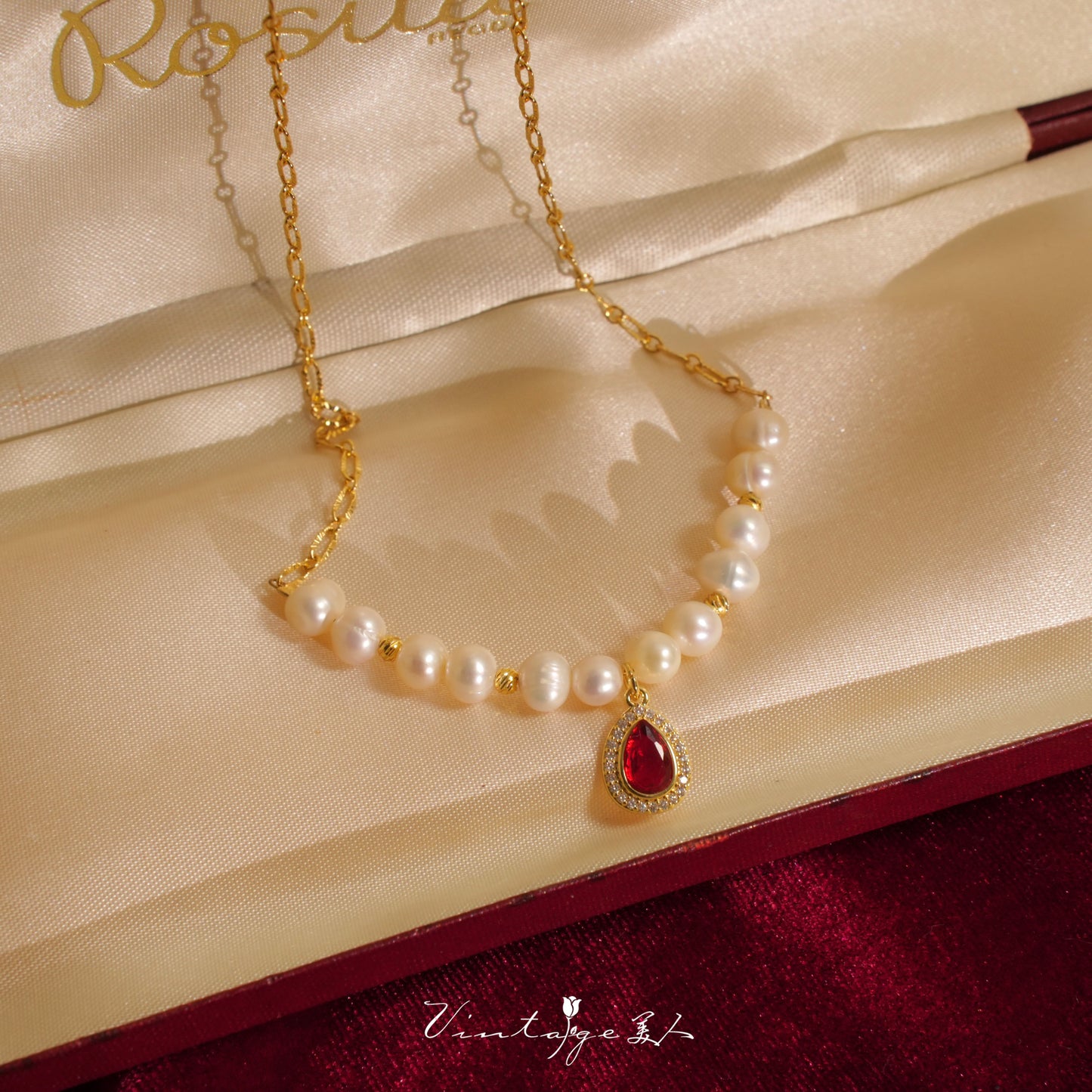 Lady Massel Retro French Natural Pearl Accessible Luxury Classy Wine Red Water Drop Pearl Necklace Clavicle Chain
