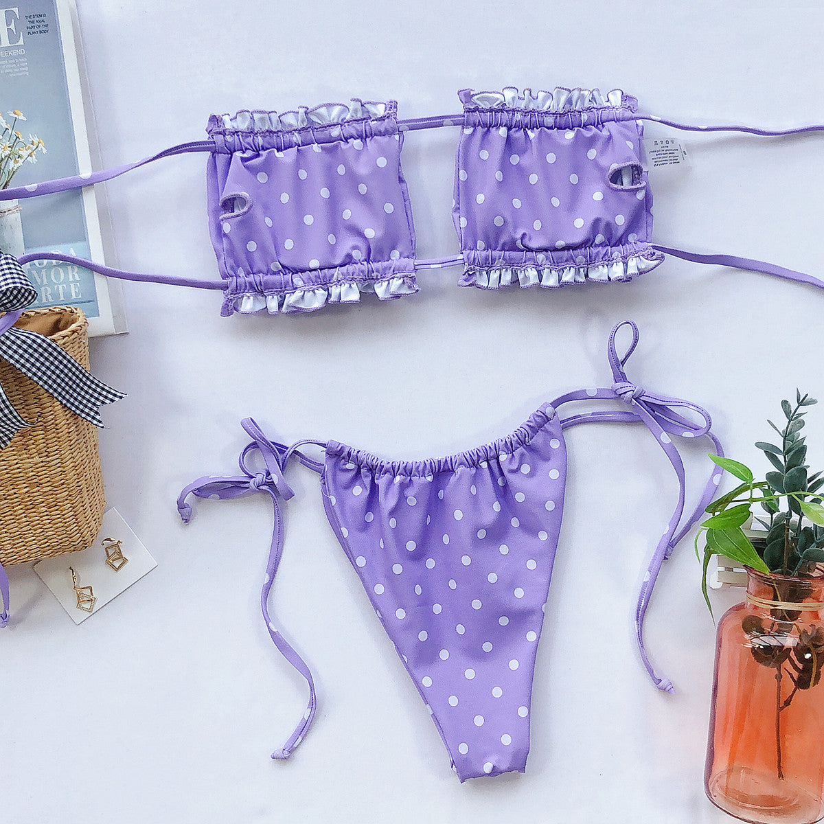 Elegant Purple Swimwear Women Off Shoulder Pleat Bikini Holl