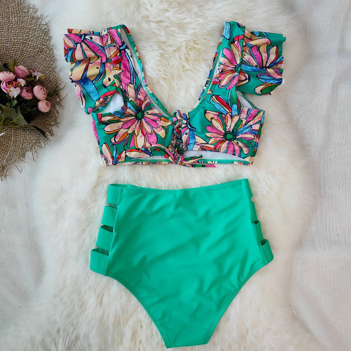 Print Swimwear Women High Waist Bikini Ruffle Swimsuit