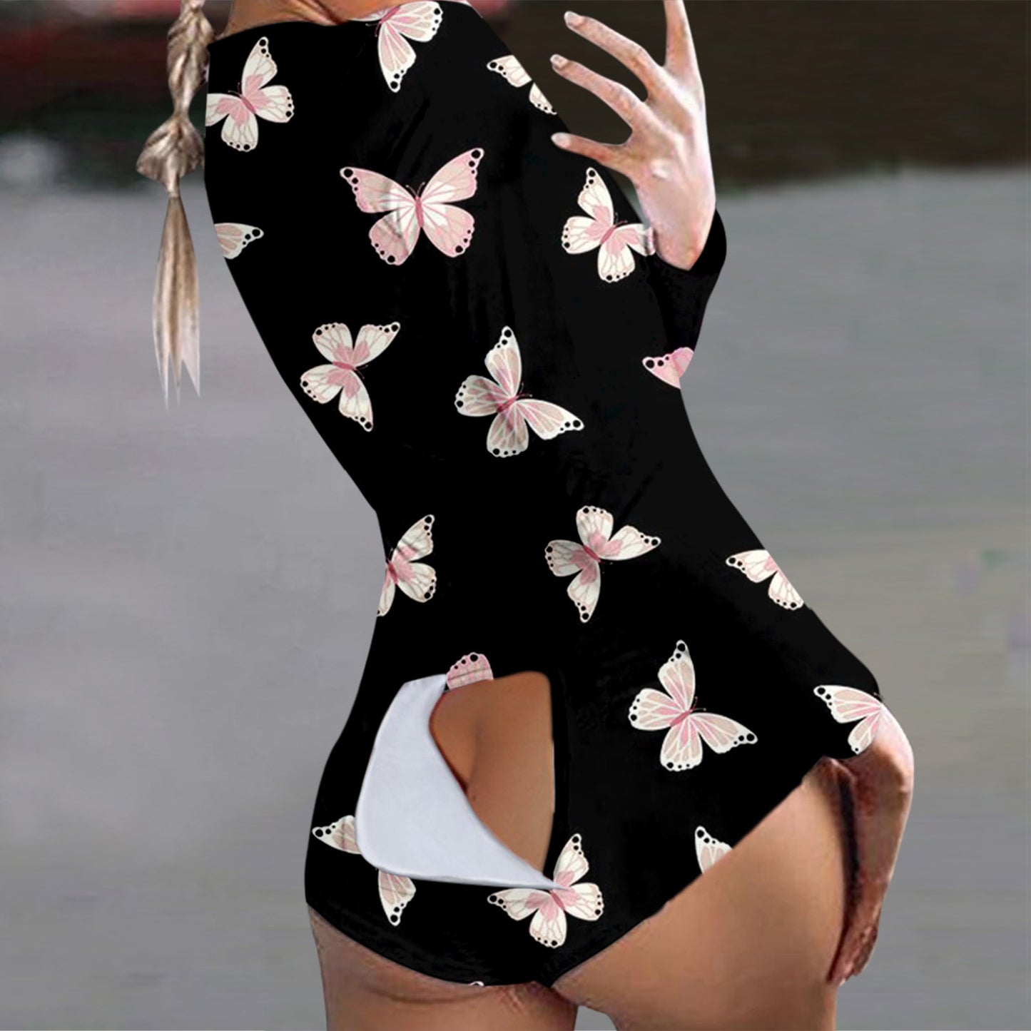 Butterfly Print Short Jumpsuits Pijamas Women Button Flap Se