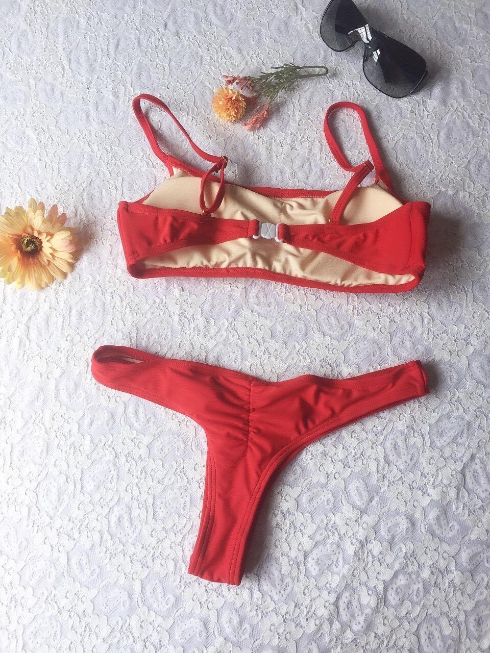 New Pure Color Tube-Top Bikini with Chest Pad Big Breast Swimsuit Swimwear Women Bikinit Swimwear