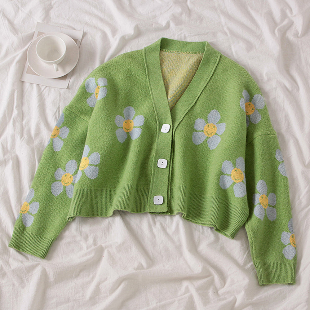 Preppy Style Flower Knitted Cardigans Sweater Women Cropped