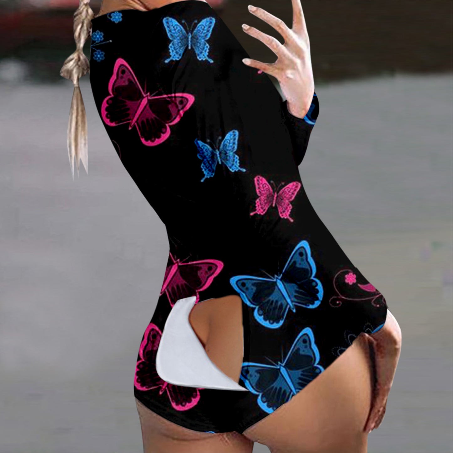 Butterfly Print Short Jumpsuits Pijamas Women Button Flap Se