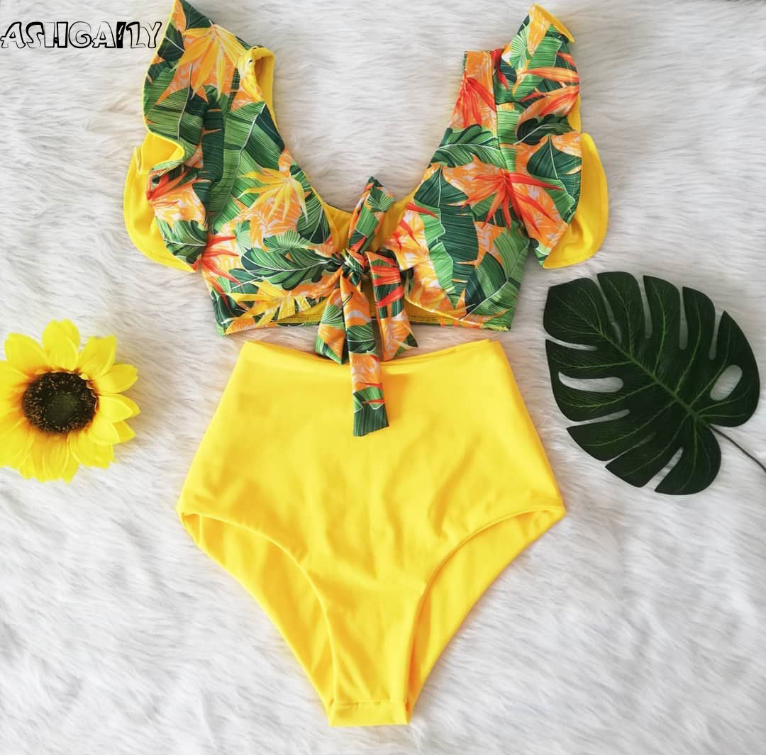 Print Swimwear Women High Waist Bikini Ruffle Swimsuit