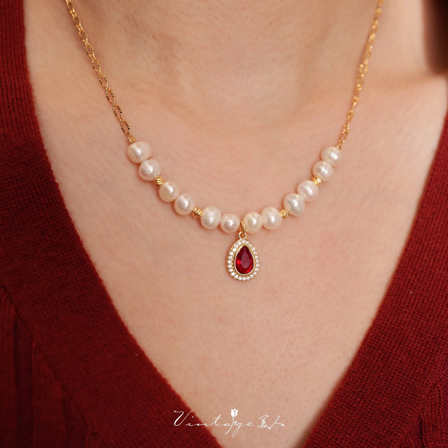 Lady Massel Retro French Natural Pearl Accessible Luxury Classy Wine Red Water Drop Pearl Necklace Clavicle Chain