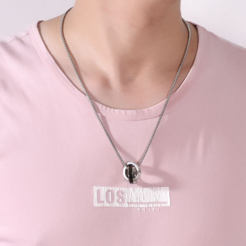 Fashion Titanium Steel Double Ring Necklace TikTok Hip Hop Ins Trendy Men Unique Crystal Pendant Long Sweater Chain Accessories