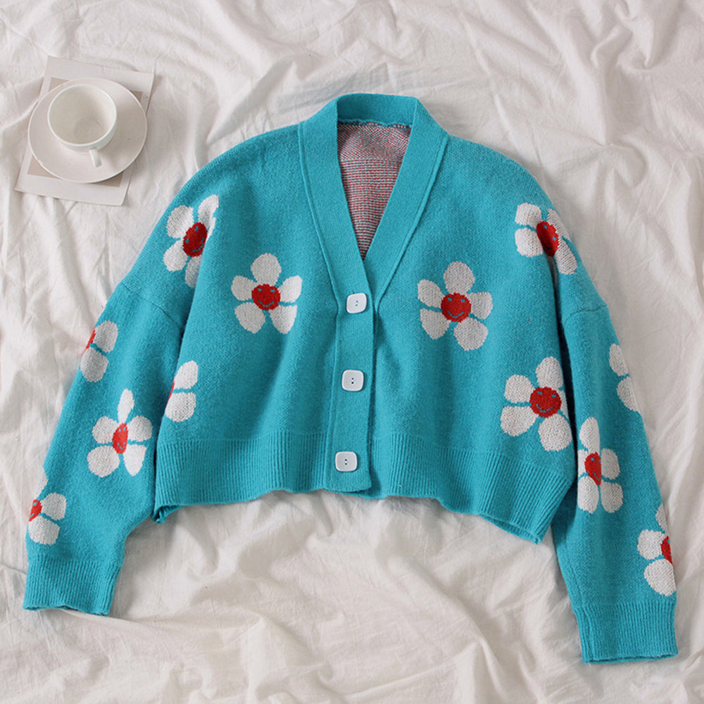 Preppy Style Flower Knitted Cardigans Sweater Women Cropped