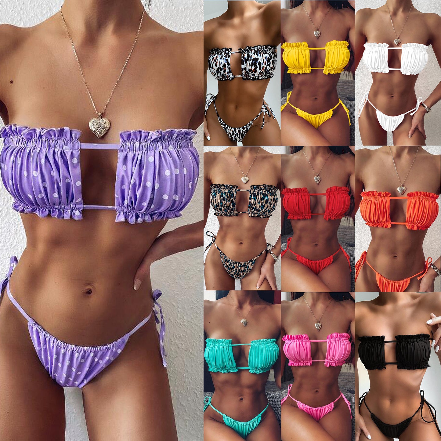 Elegant Purple Swimwear Women Off Shoulder Pleat Bikini Holl
