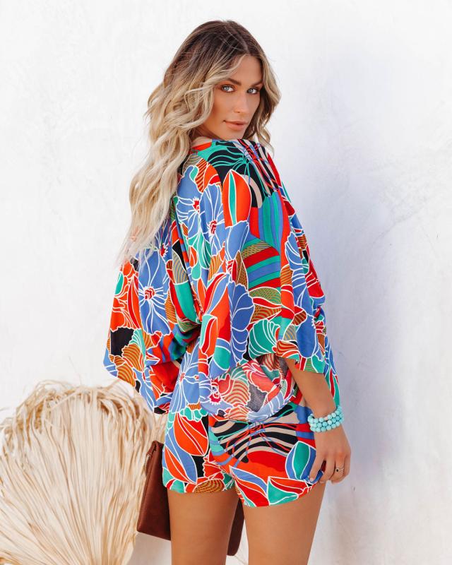 V-neck Large Flower Waist Trimming Loose Three-Quarter Sleeve Jumpsuit