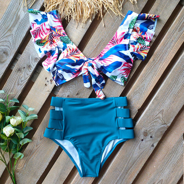 Print Swimwear Women High Waist Bikini Ruffle Swimsuit