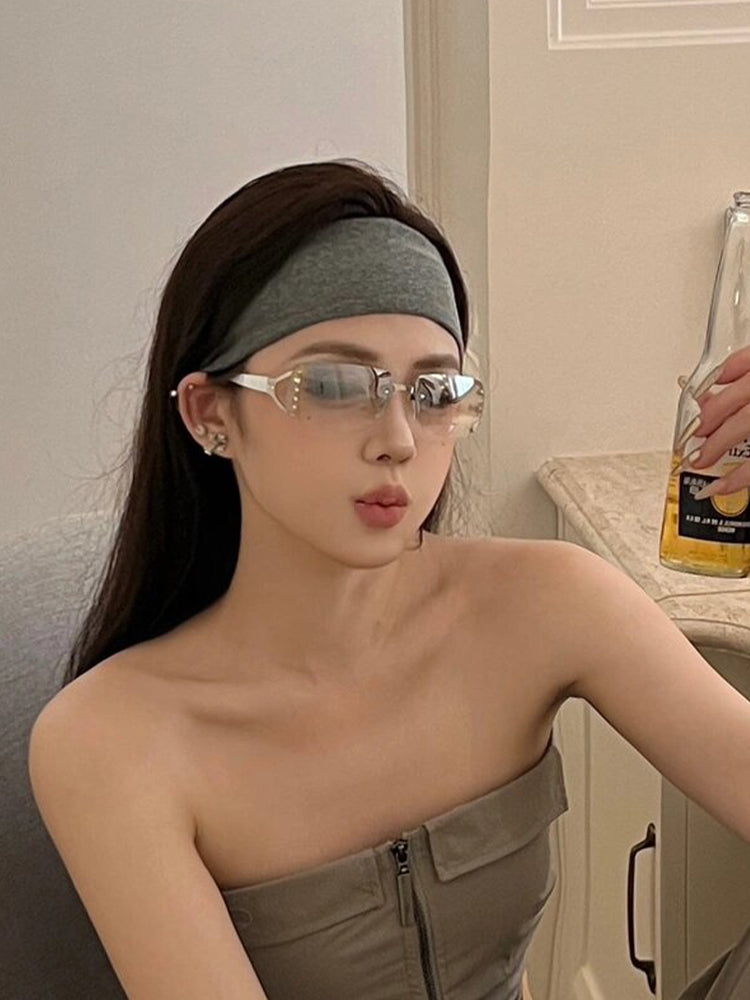 Fashion Retro Y2g Sexy Sunglasses Women's Fancy Frameless Diamond Photo Concave Shape Sun Glasses Niche Style