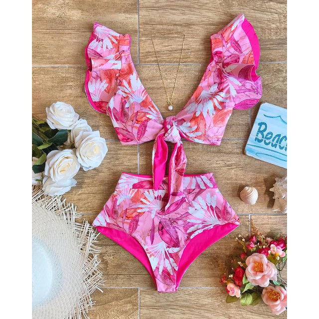 Print Swimwear Women High Waist Bikini Ruffle Swimsuit