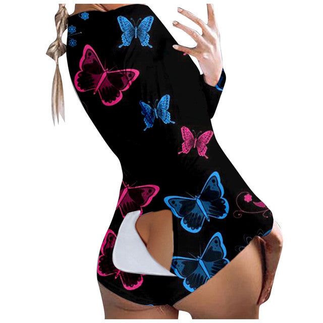 Butterfly Print Short Jumpsuits Pijamas Women Button Flap Se
