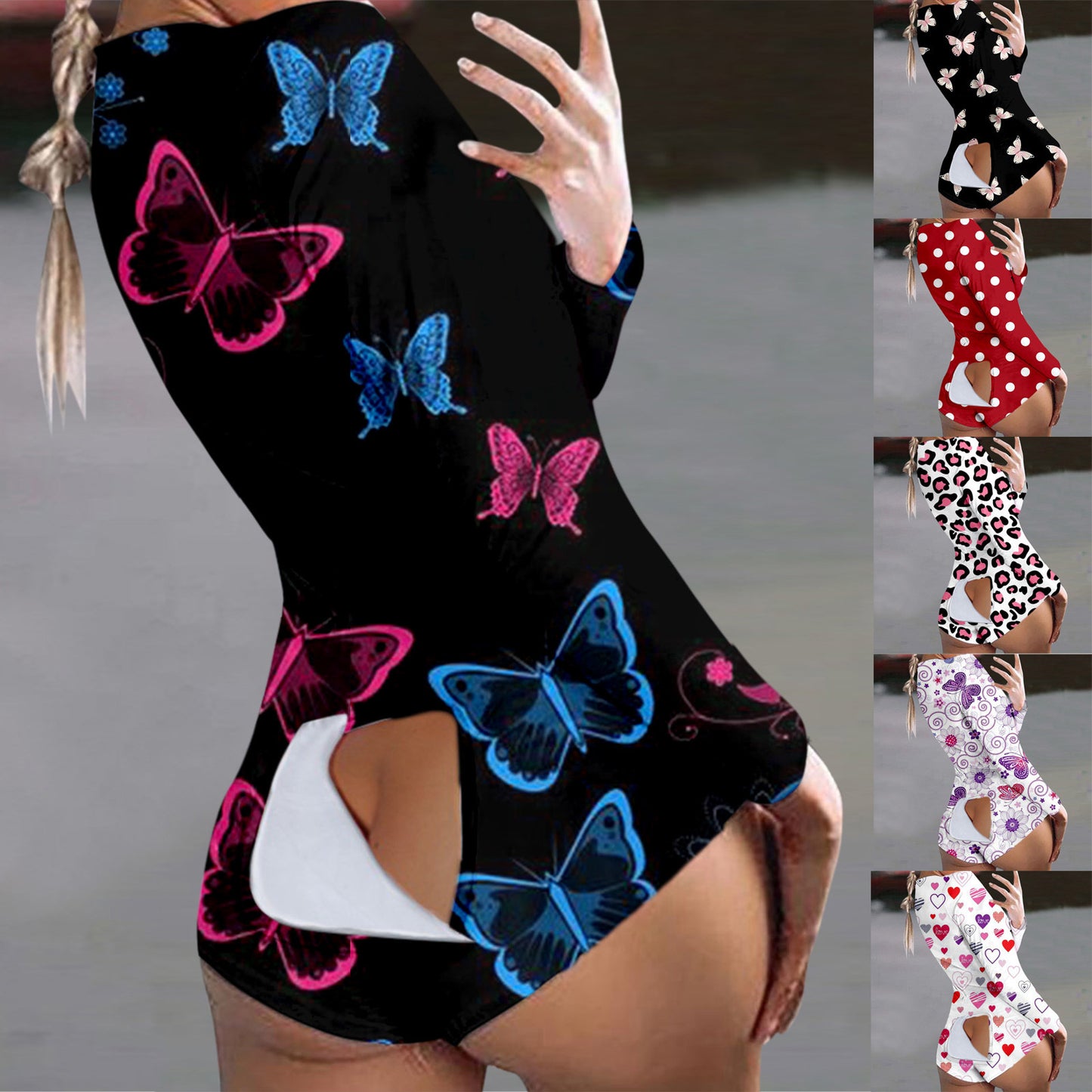 Butterfly Print Short Jumpsuits Pijamas Women Button Flap Se