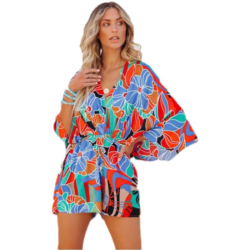 V-neck Large Flower Waist Trimming Loose Three-Quarter Sleeve Jumpsuit