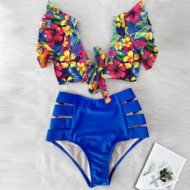 Print Swimwear Women High Waist Bikini Ruffle Swimsuit