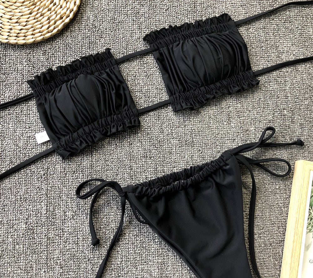 Elegant Purple Swimwear Women Off Shoulder Pleat Bikini Holl