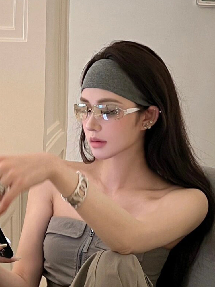 Fashion Retro Y2g Sexy Sunglasses Women's Fancy Frameless Diamond Photo Concave Shape Sun Glasses Niche Style
