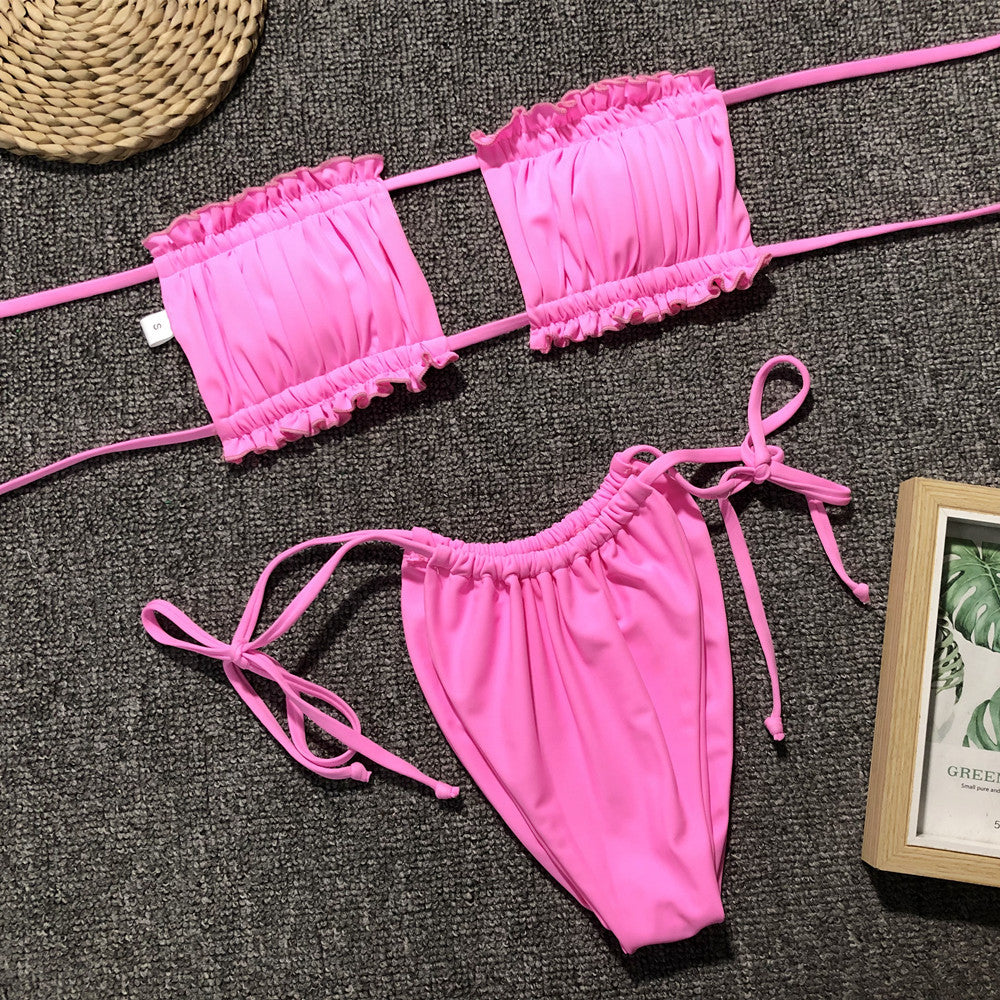 Elegant Purple Swimwear Women Off Shoulder Pleat Bikini Holl